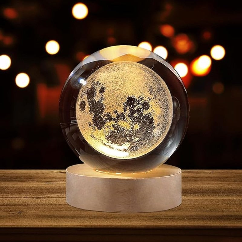 3D Galaxy Moon Crystal Ball Lamp with Wooden LED Base