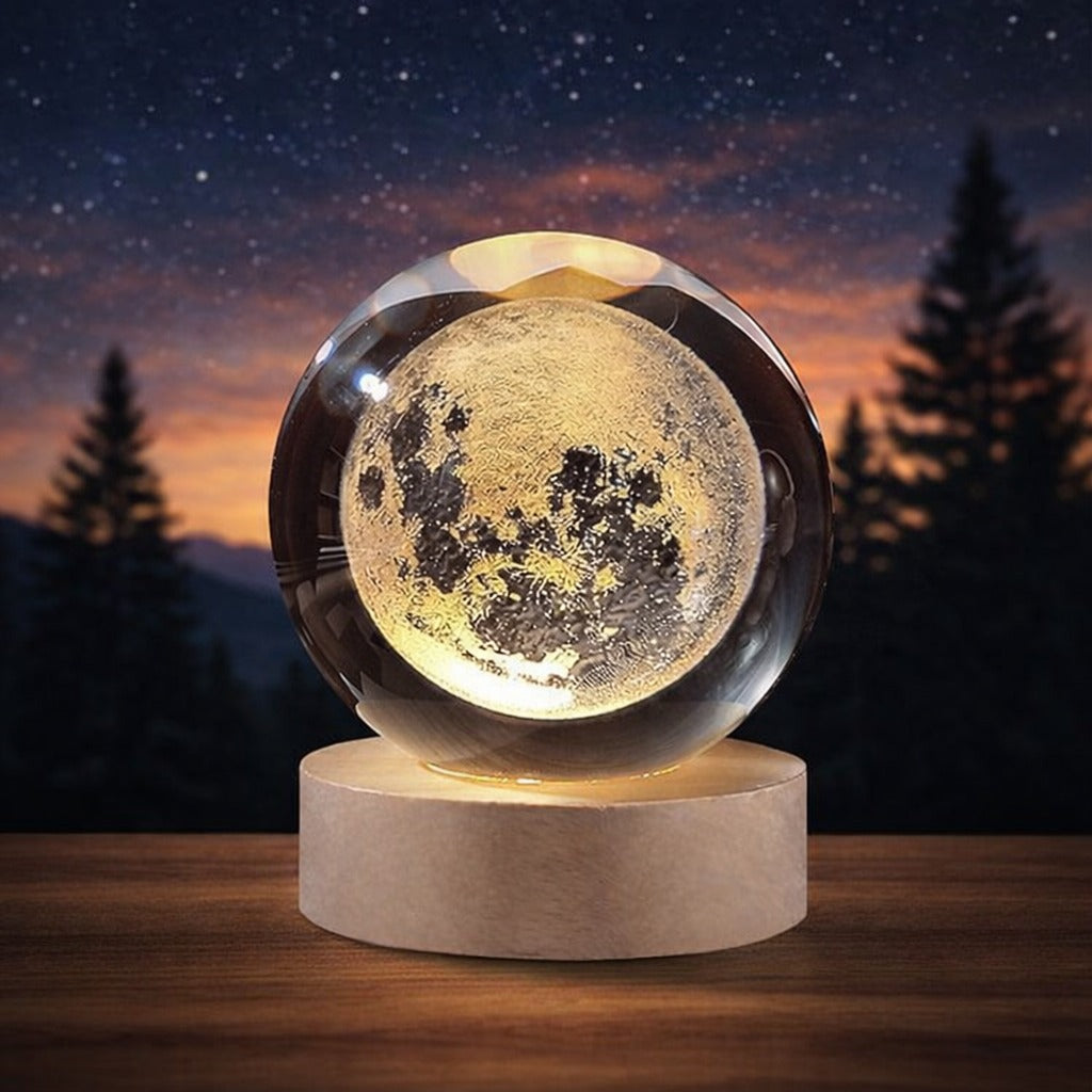 3D Galaxy Moon Crystal Ball Lamp with Wooden LED Base