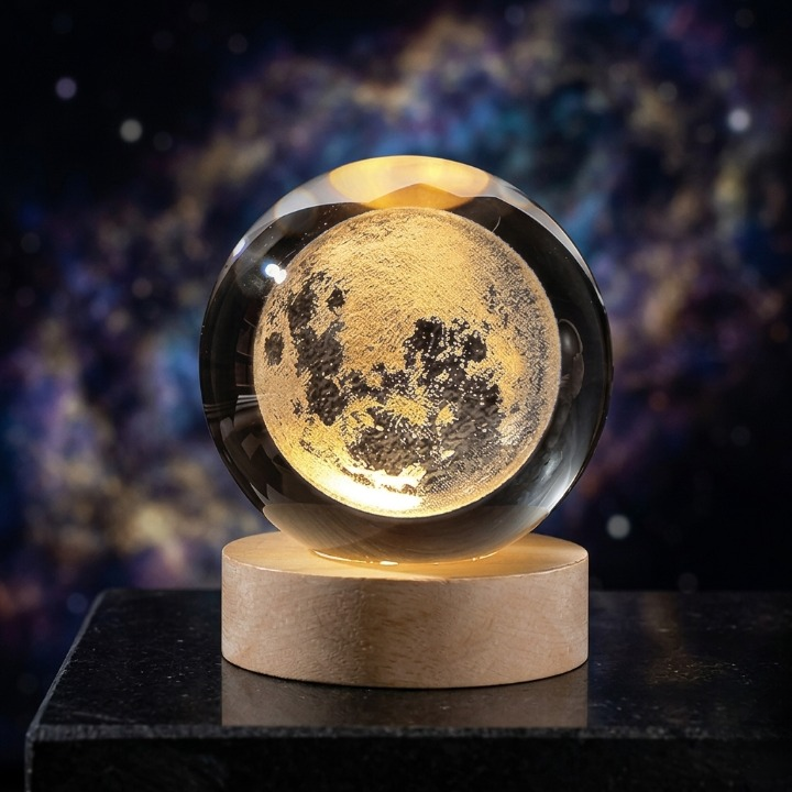 3D Galaxy Moon Crystal Ball Lamp with Wooden LED Base