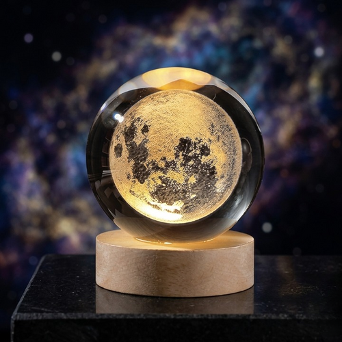 3D Galaxy Moon Crystal Ball Lamp with Wooden LED Base