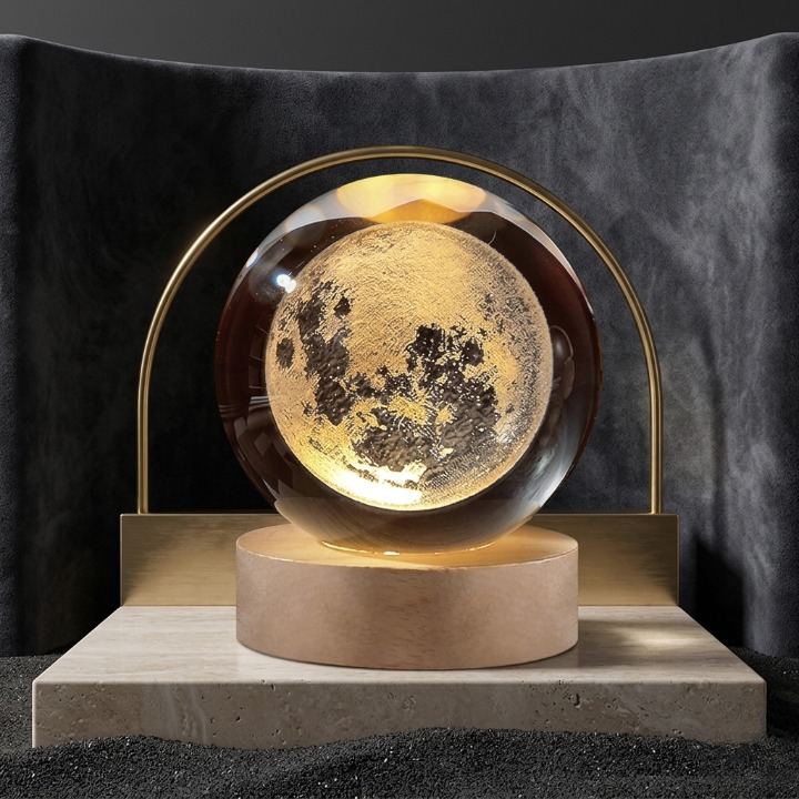 3D Galaxy Moon Crystal Ball Lamp with Wooden LED Base